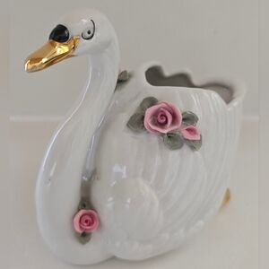 Vintage Dresden‎ Porcelain Swan Roses Gold Accent Planter Vase Germany